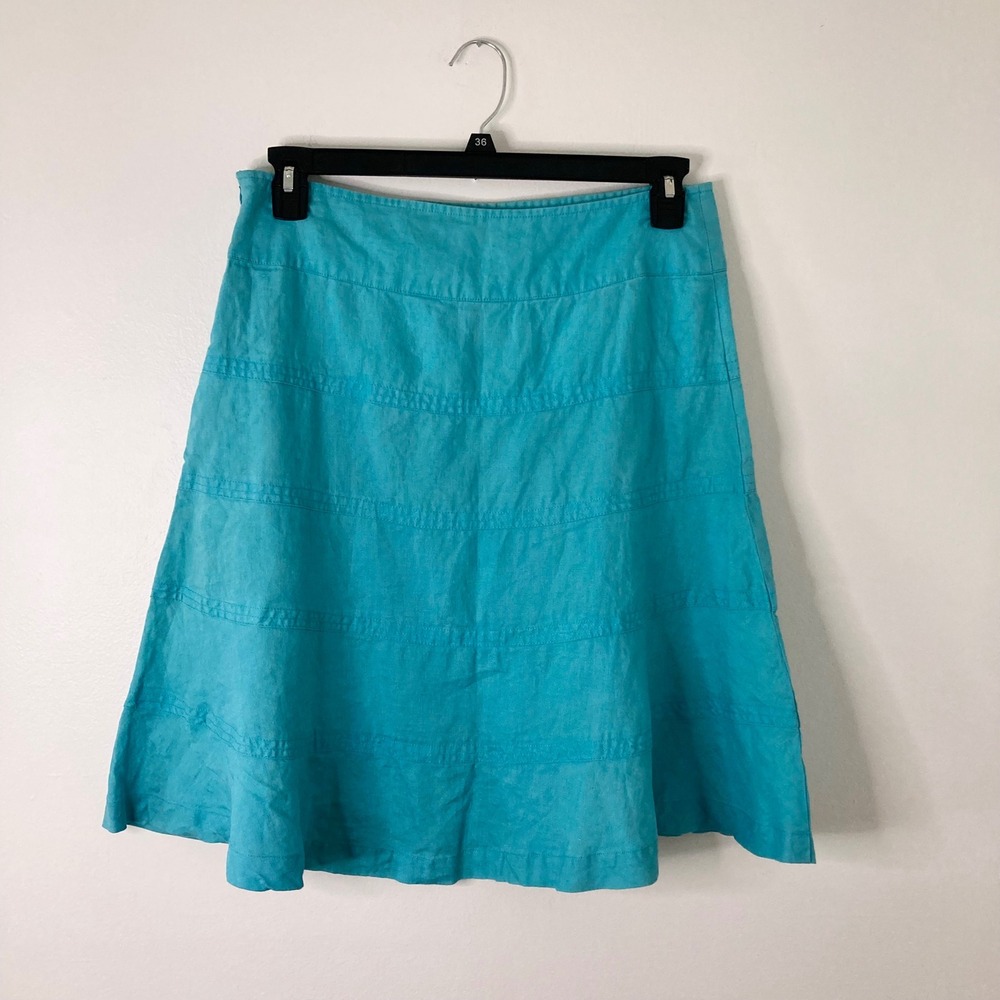 Richard Malcolm Teal Blue 100% Linen Tiered A-Line Skirt Boho Summer Casual 10